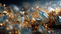 Luminous blue crystal formations emerge from golden mineral deposits, creating a magical macro landscape with dreamy bokeh effect in background.