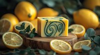Handmade artisanal soap bar with swirled pattern on wooden cutting board surrounded by fresh citrus fruits and eucalyptus leaves in moody lighting.