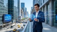 Professional businessman using tablet with digital legal tech interface overlay in modern urban cityscape with skyscrapers and busy street traffic below.