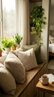 Cozy window nook with neutral linen pillows, potted houseplants including fern and trailing vine, natural light from sheer curtains, and warm beverage on wooden surface for relaxation and home decor.