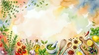 Watercolor culinary frame with herbs, spices, olive oil, and vegetables on a soft pastel background, perfect for recipe cards and menus.