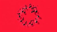 Musical notes arranged in circular pattern on vibrant red background for creative projects and entertainment designs.