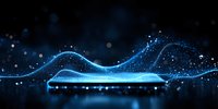 Glowing blue wave of light particles flowing on dark background with bokeh effect and reflection creates futuristic technology atmosphere.