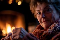 Senior woman in orange knitted scarf relaxing by warm fireplace on winter evening, soft bokeh lights creating cozy atmosphere and warm glow on face.