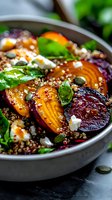 Fresh roasted beet and golden beet salad with quinoa, feta cheese, pumpkin seeds and basil leaves in gray ceramic bowl, drizzled with olive oil dressing.