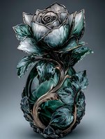 Elegant glass rose sculpture with metallic accents and emerald green leaves on gradient background for luxury decor and artistic displays.