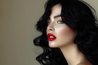 Beautiful woman with bright red lipstick, black wavy hair and dramatic makeup in profile view against neutral background, perfect for beauty and cosmetic advertising.