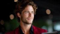Young Caucasian businessman in burgundy blazer smiling confidently while working on digital tablet, bokeh lights background creates professional atmosphere.