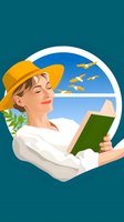 Young Caucasian woman in yellow sun hat reading book by window, enjoying peaceful moment with flying birds and blue sky view, wearing white blouse, relaxed expression.
