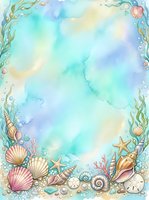 Watercolor ocean frame with seashells, starfish, coral and marine elements on turquoise blue background for summer designs and coastal themed projects.