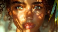 Young mixed race woman with green eyes and curly hair in natural sunlight through tropical leaves creating dappled shadows on glowing skin. Artistic beauty portrait.