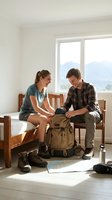 Young couple preparing for adventure, sitting on bed examining hiking backpack in bright bedroom with mountain view through windows.