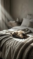 Tabby cat resting on neutral linen bedding in serene bedroom with natural light, wooden nightstand, and draped curtains for home decor and lifestyle content.