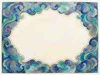 Ornate decorative frame with swirling blue and teal clouds on cream background for invitations, certificates and elegant design projects.
