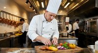 Professional male chef in white uniform and hat preparing colorful vegetables on wooden cutting board in modern commercial kitchen with team working.