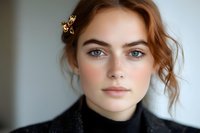 Young woman with natural makeup, freckles and blue eyes wearing black turtleneck sweater and gold butterfly hair accessory against light background.