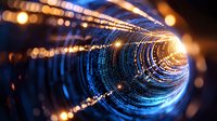 Abstract circular tunnel with glowing blue light trails and golden bokeh effects creating futuristic technology perspective, digital transformation concept.