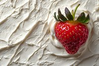 Fresh ripe strawberry with green leaves on creamy white textured background, creating contrast between vibrant red fruit and smooth surface.
