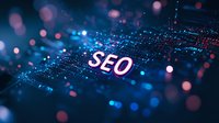 Glowing SEO text on digital network background with blue technology grid and pink bokeh lights creates modern marketing concept visualization.