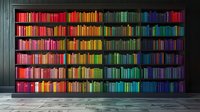 Modern library bookshelf with books arranged in rainbow color spectrum order, perfect for education, knowledge management and interior design concepts. Dark wooden shelving on marble floor.