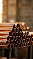 Stack of shiny copper pipes in industrial warehouse setting with warm lighting for construction and plumbing projects.
