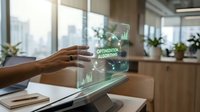 Businessman hand touching transparent digital screen displaying optimization algorithm with data charts and graphs in modern office workspace with city skyline view.
