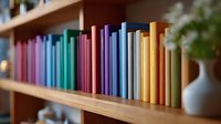 Colorful books arranged by rainbow spectrum on wooden bookshelf with decorative white vase, creating organized and aesthetically pleasing home library display.