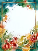 Watercolor frame with fresh tomatoes, citrus slices, and herbs on white background. Golden border design with splattered paint effects. Isolated template for culinary, recipe, and food design projects.