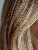 Closeup of long, flowing hair with balayage highlights transitioning from dark brown to light blonde, showcasing texture and shine for beauty, haircare, and salon design projects.