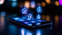 Glowing blue house icons floating above smartphone screen with bokeh background, representing smart home technology and digital real estate applications.