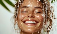 Young woman with radiant smile enjoying refreshing shower water cascading over her face, showcasing natural skincare and wellness concept.