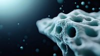 Microscopic view of bone tissue structure showing porous calcium matrix and cellular spaces in turquoise tones against dark background, medical science concept.