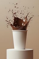 Chocolate milk splash crown effect bursting from white paper cup on cylindrical podium against beige background, dynamic liquid motion capture.
