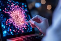 Scientist in protective gloves analyzing molecular structure visualization on laptop screen with glowing pink and blue network connections in dark lab.