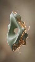 Fluid jade and gold abstract form with dynamic liquid splash and glowing particles on neutral background, suitable for luxury branding and modern design projects.