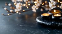 Glowing candles on black spa stones with cherry blossom branches and bokeh lights creating peaceful zen atmosphere on dark background. Perfect for wellness design.