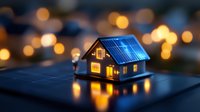 Miniature house with glowing windows and solar panel roof on dark surface with bokeh lights background creates cozy evening atmosphere. Perfect for sustainable energy concepts.