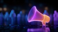 Glowing neon megaphone wireframe hologram in purple and orange gradient colors against dark background with reflection on glossy surface.