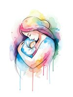 Watercolor mother holding newborn baby in tender embrace with colorful paint splashes and dripping effects on white background for greeting cards.