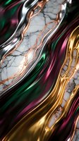 Abstract liquid metal waves with marble texture in gold, silver, green and pink colors for luxury design backgrounds and modern digital art projects.