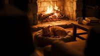 Ginger cat sleeping in cozy knitted bed near fireplace with warm glow, rustic interior setting for home comfort and relaxation themes.
