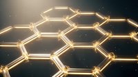 Glowing hexagonal neon tubes arranged in honeycomb pattern against dark background, emitting warm golden light with particles floating in space, suitable for tech and science concepts.