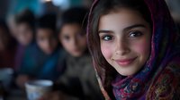 Young woman wearing colorful traditional hijab with paisley pattern smiles warmly at camera while others sit blurred in background, natural lighting creates soft ambiance.