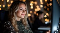 Young blonde woman in sparkly dress smiling while working on computer at night, with blurred bokeh lights in background creating festive atmosphere.