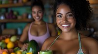 Young African American woman with curly hair smiling while holding fresh vegetables and fruits at kitchen counter, healthy lifestyle and nutrition concept with friend in background.