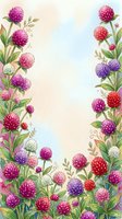 Watercolor clover flower border frame with pink, purple, red, and white blooms on soft pastel background with copy space for text.