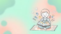 Young child reading book with imagination bubbles floating above on colorful pastel background for educational and learning concepts.