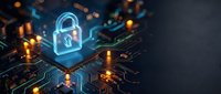 Glowing blue padlock hologram on circuit board with orange lights representing cybersecurity data protection and digital network security technology.