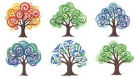 Colorful decorative trees with swirl patterns in various styles isolated on white background for logo design and nature themed projects.