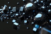 Abstract composition with metallic spheres and geometric cubes floating in dark space with reflective surfaces and modern lighting effects.